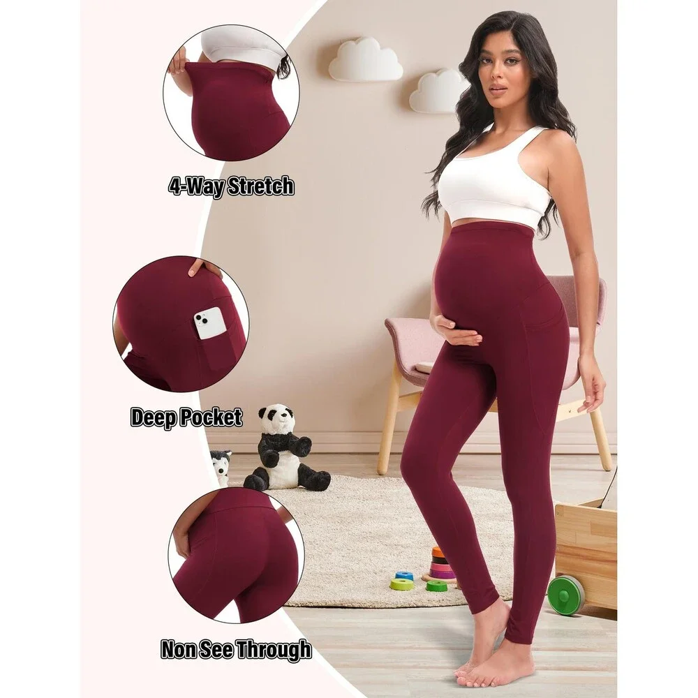 Siimcuzy Black 4 Pack Women’s Maternity Leggings Pockets Over Belly 4PK-S